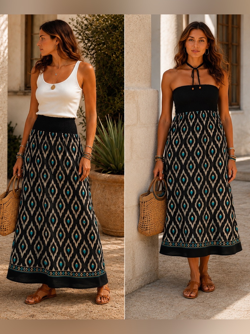 Blucrush 2-In-1 Convertible Tube Dress Maxi Skirt Boho Resort Cotton Ikat Print